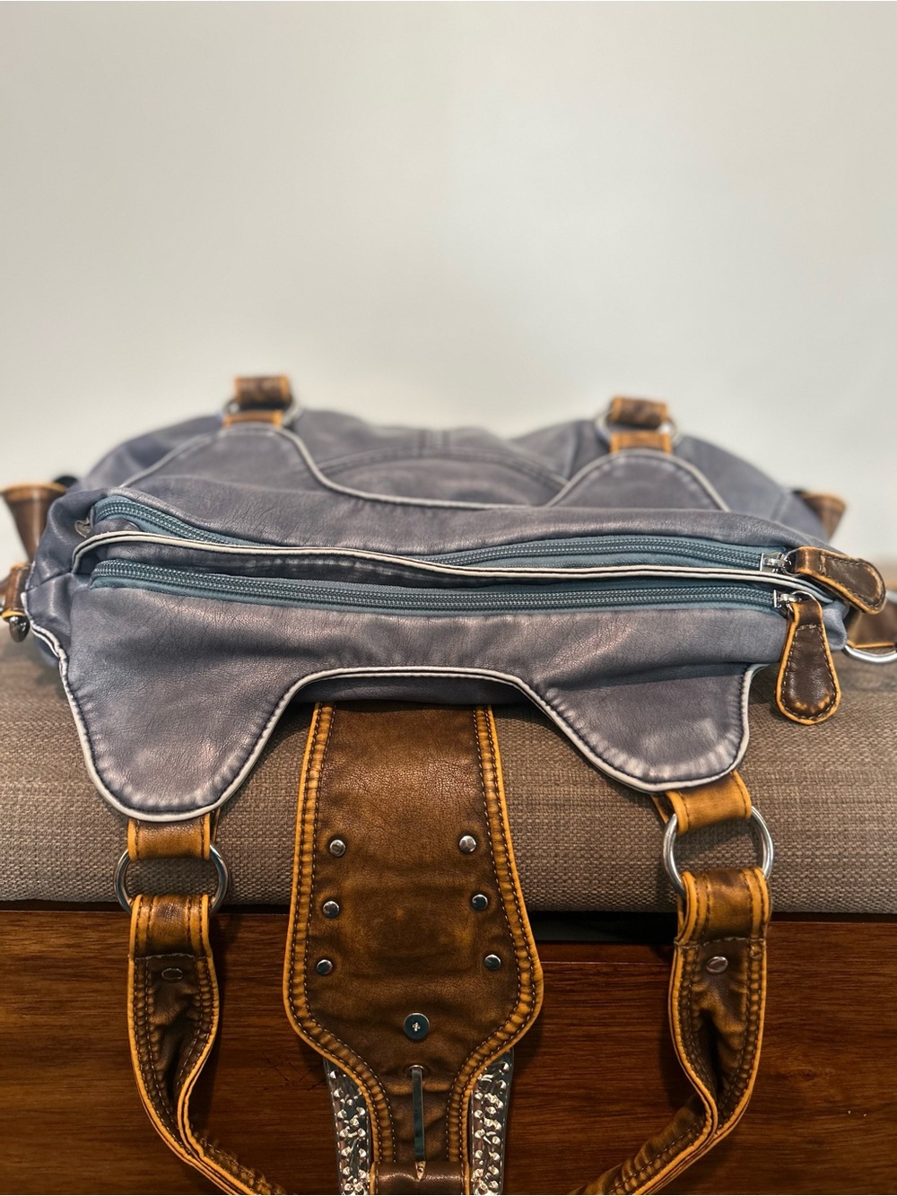 Angel Kiss Two-Tone Buckle Satchel - Navy and Brown - Picture 7 of 10